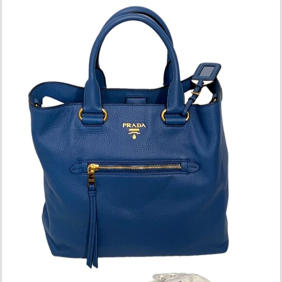 PRADA NWT Vitello Daino Cobalto BN2754 Large Shopping Tote Shoulder Bag - Picture 4 of 13